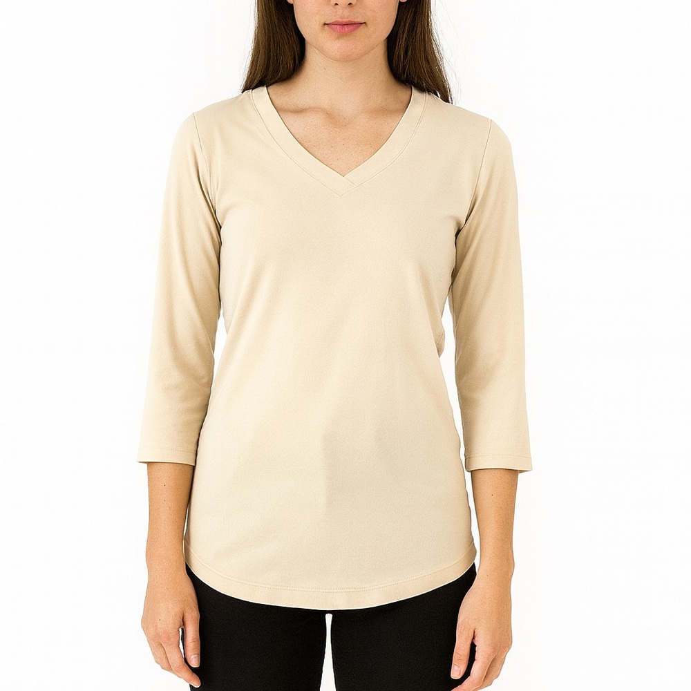 Sao Paulo Beige 3/4 Sleeve V-Neck Stretch Ruched Blouse Shirt Top 14